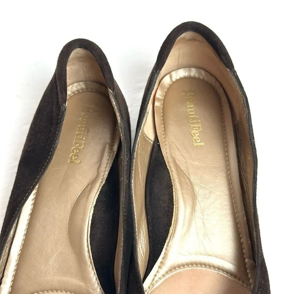 BeautiFeel Chocolate Brown Suede Flats Shoes  Mustard Rosettes size 38 US 7-7,5